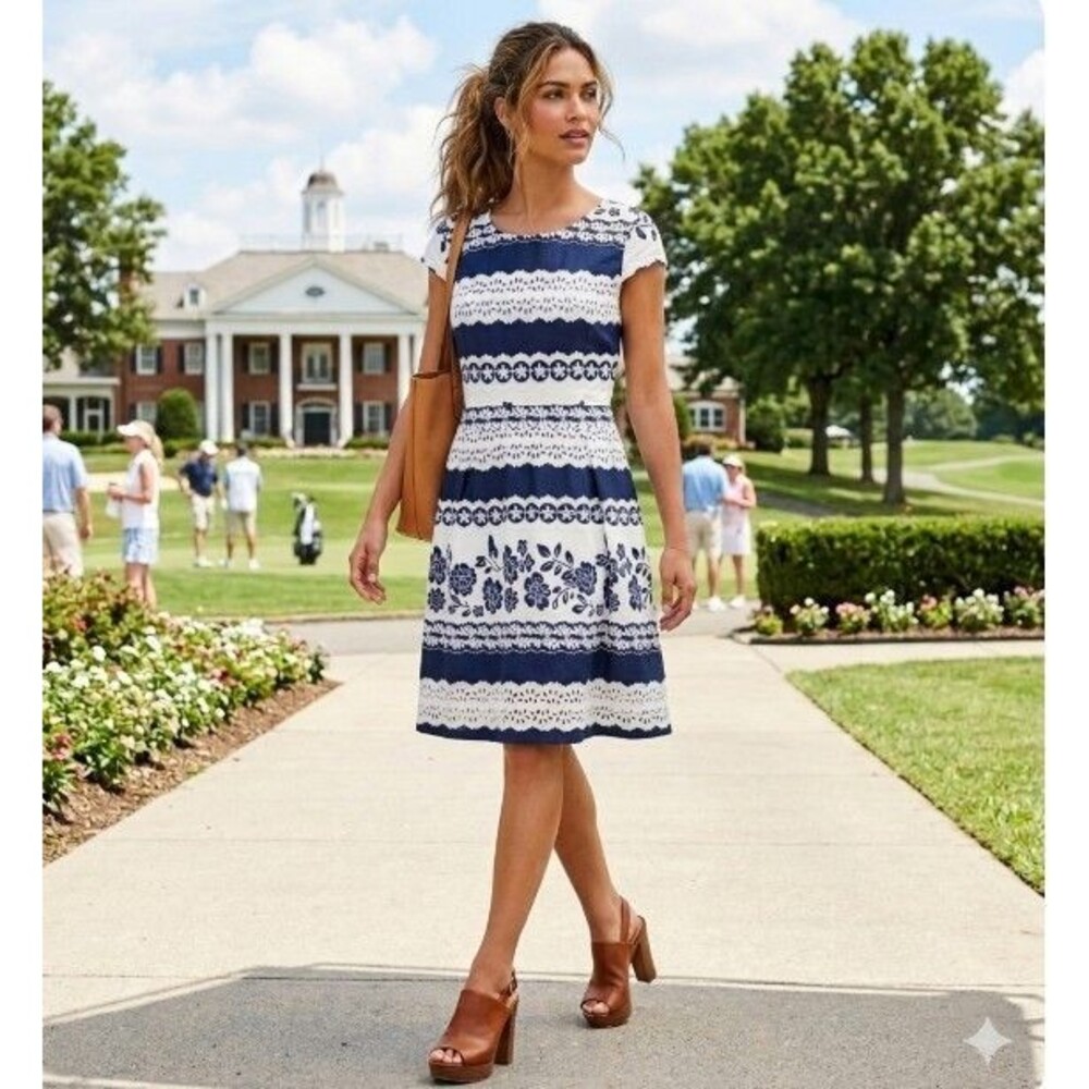 CREMIEUX Embroidered Dress White Blue Floral Lace Lined Size 6